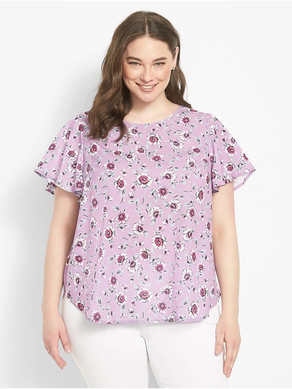 Lane Bryant Sz 20 Lavender Floral Flutter Short Sleeve Crew Neck Blouse
